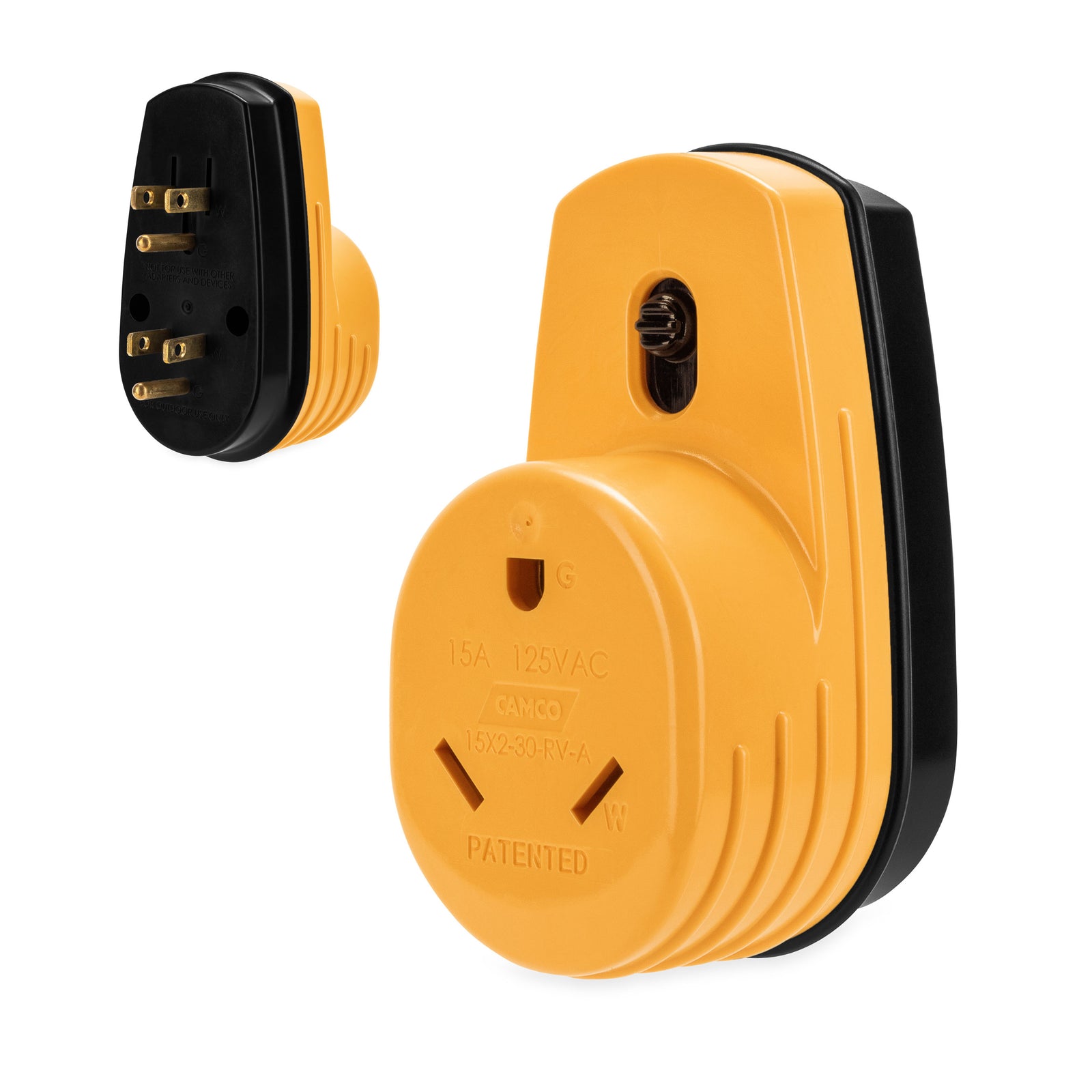 Camco 55225 Power Grip RV Two-Plug 15-Amp to Single 30-Amp Adapter - 125V/1875W