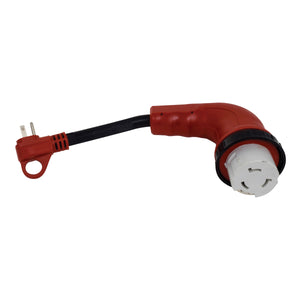 Valterra A10-1530D90VP Mighty Cord 90° Detachable 12" Locking LED Adapter Cord with Handle - 15AM to 30AF, Red (Carded)