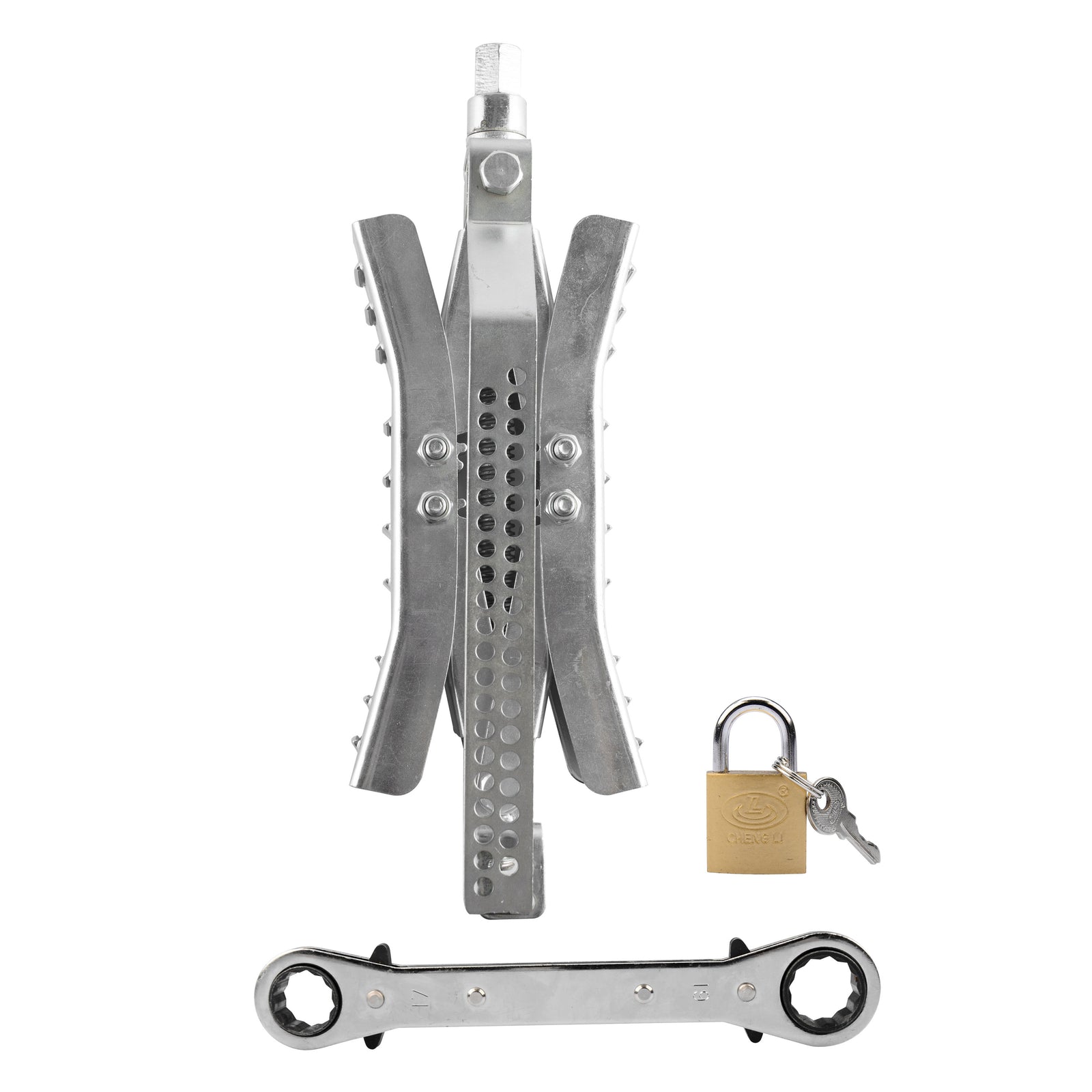 Makerz 0 63 Heavy-Duty Locking Wheel Stop - Extends 3" to 10", Includes (2) Wheel Chock Stabilizers, (1) Ratchet Wrench, (2) Lock and (4) Keys, Zinc-Plated Steel Construction