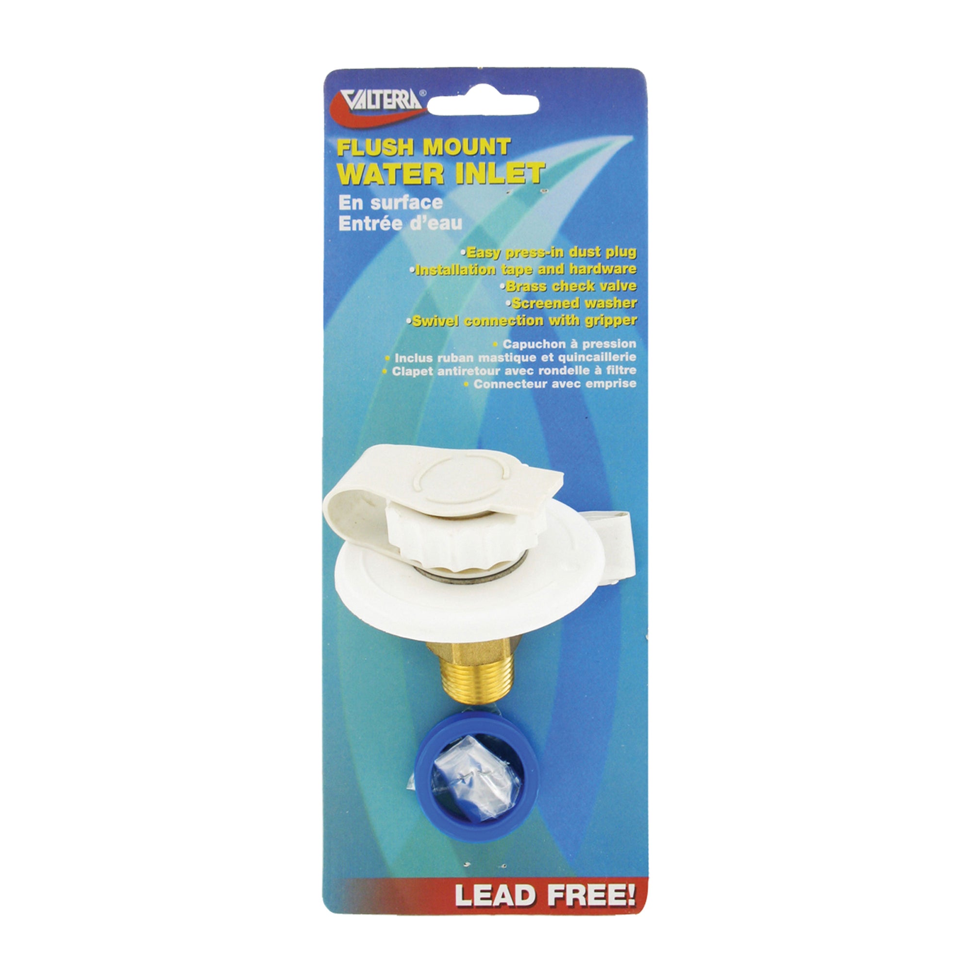 Valterra A01-0170LFVP Flush-Mount Water Inlet - MPT, 2-3/4" Flange, Brass, White (Carded)