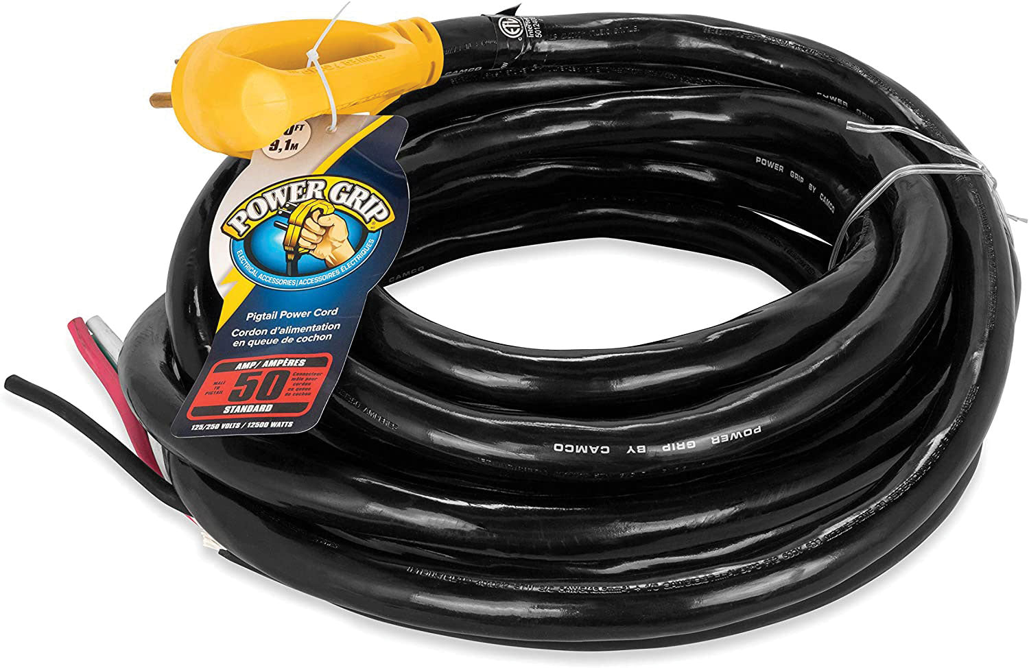 Camco 55190 PowerGrip Pigtail Power Cord, Hardwire - 30', 30 Amp