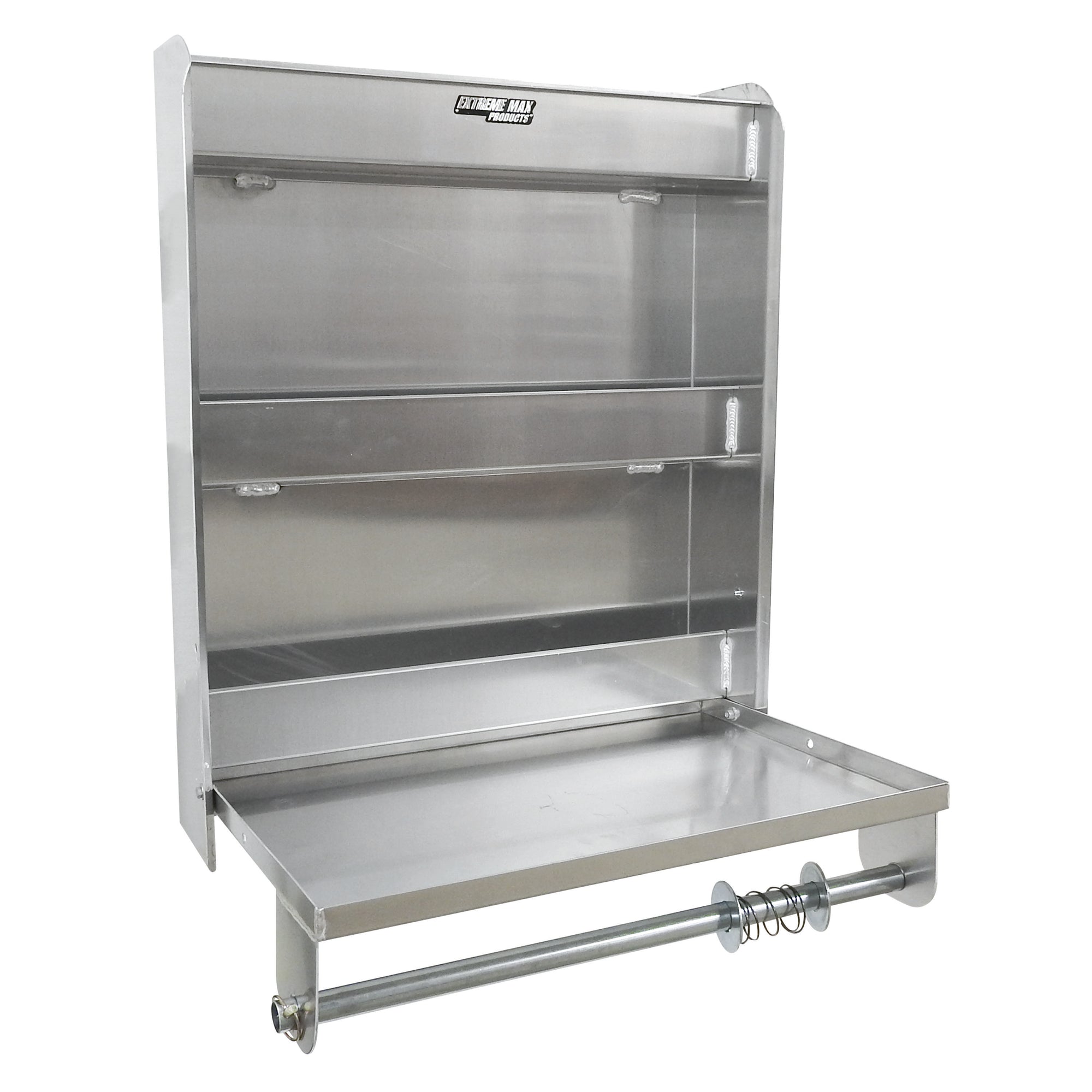 Extreme Max 5001.6049 Aluminum Work Station Storage Cabinet w/ Flip-Out Work Tray & Paper Towel Rack Organizer for Enclosed Race Trailer, Shop, Garage, Storage - Silver