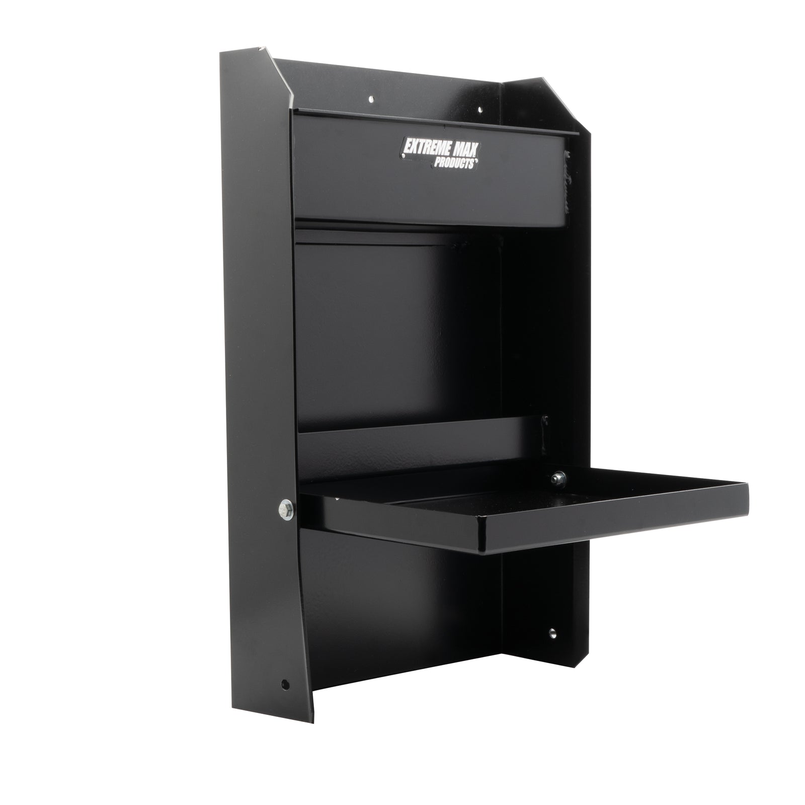 Extreme Max 5001.6119 Junior Wall-Mount Aluminum Work Station Storage Cabinet Flip-Out Work Tray with Paper Towel Rack Organizer for Enclosed Race Trailer Shop Garage Storage - Black