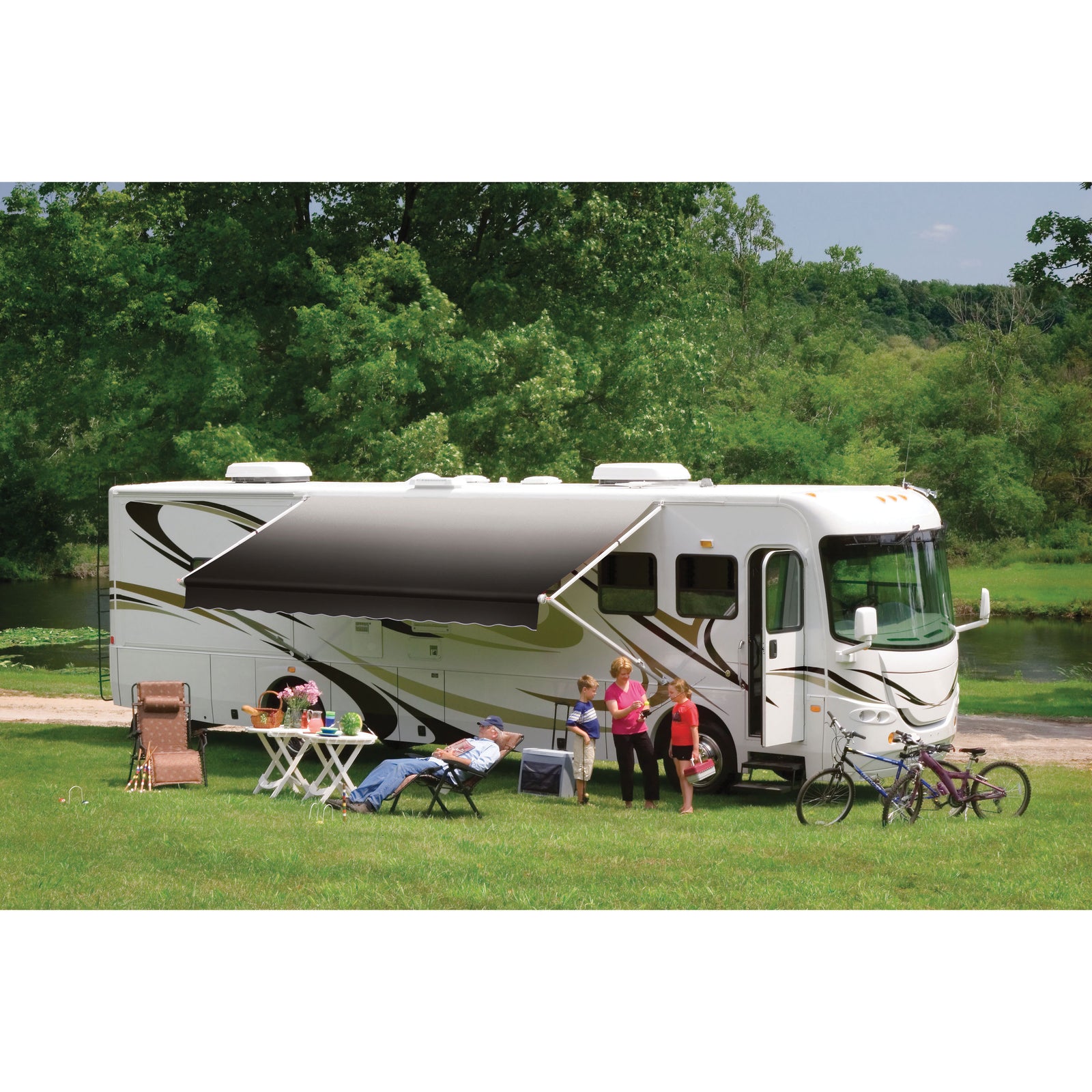 Dometic 848NR25.400B 8500 Manual Patio Awning with Polar White Weathershield - 25', Onyx Linen Fade