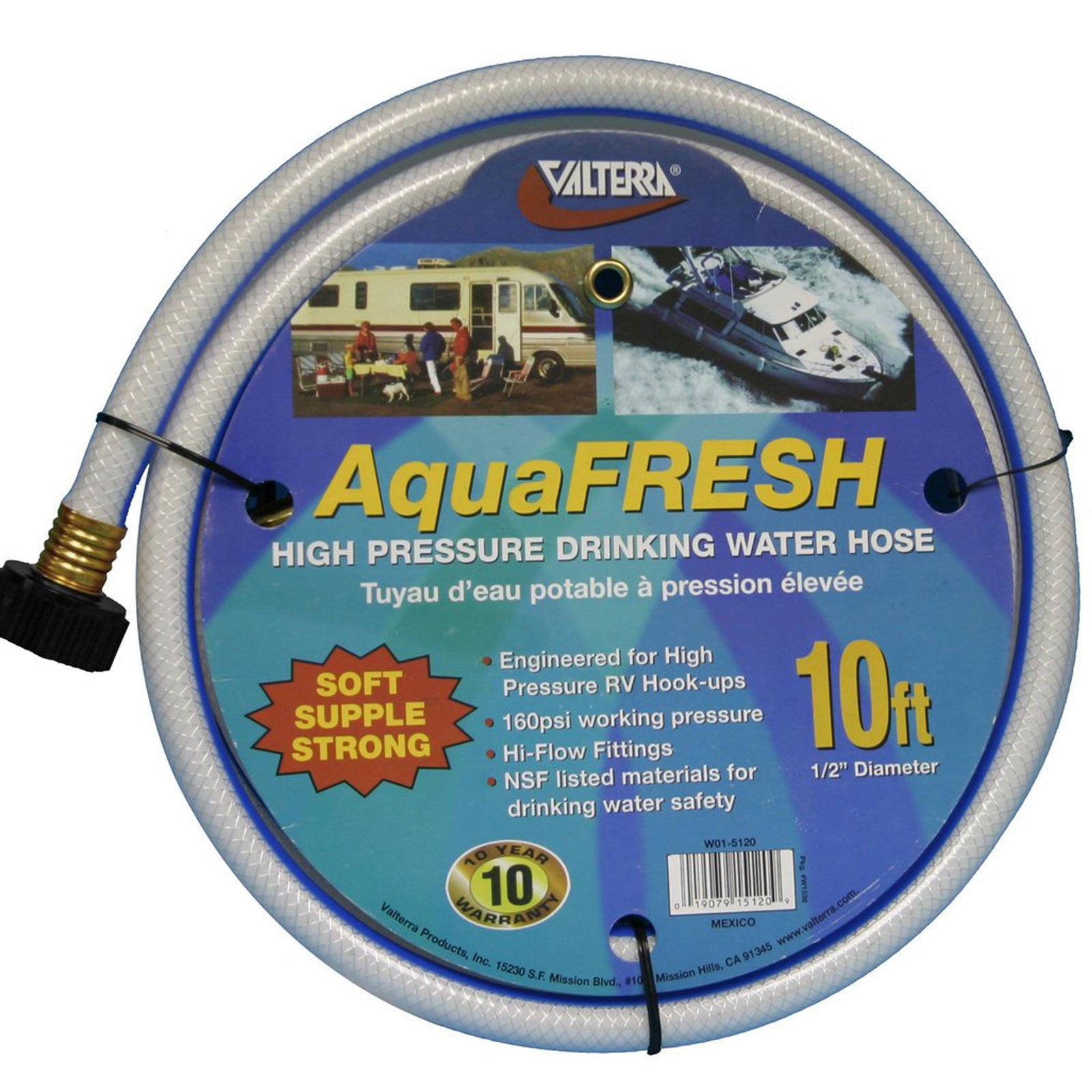 Valterra W01-5120 AquaFresh High Pressure Drinking Water Hose - 1/2" x 10', White
