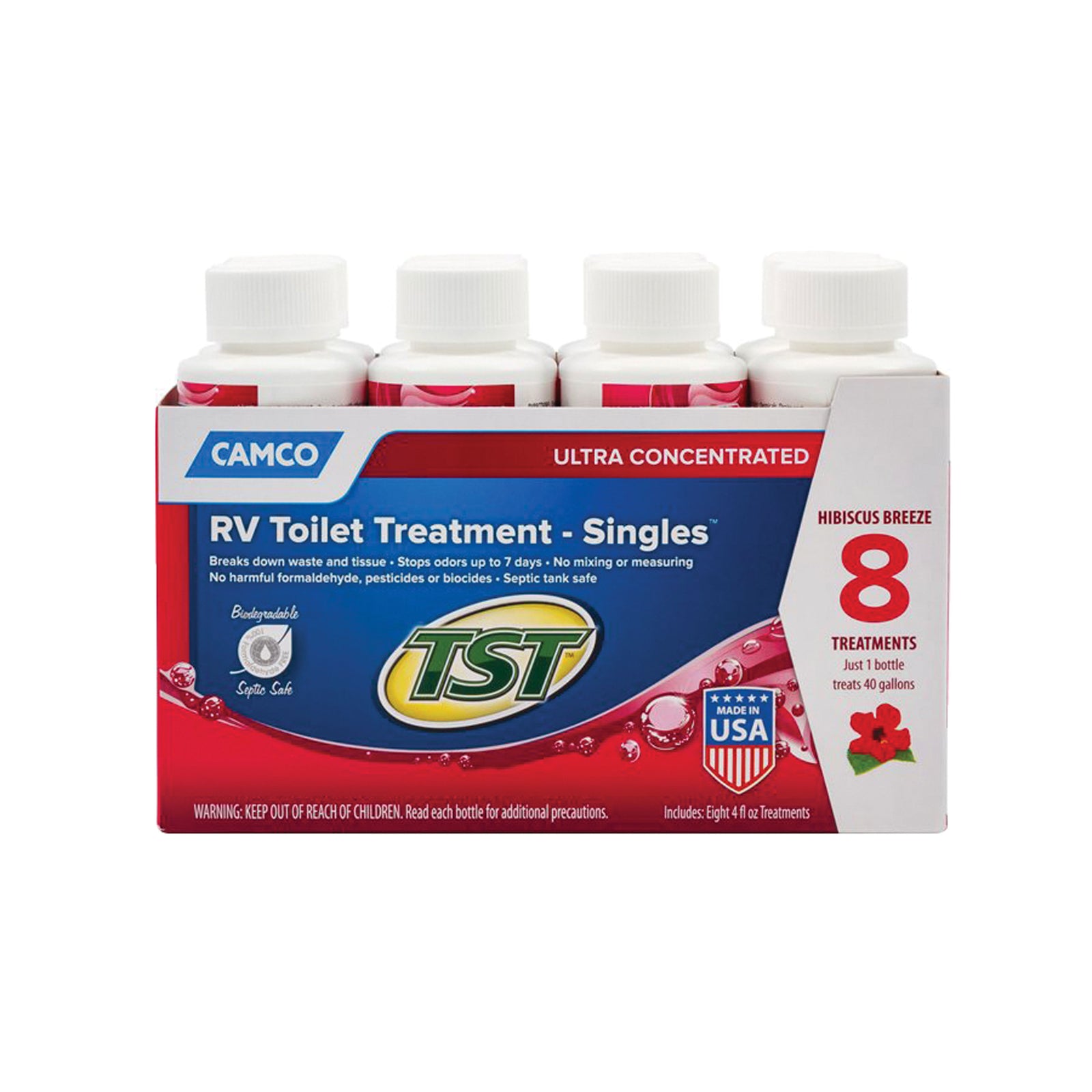 Camco 41601 Tst Ultra Concentrated Rv Toilet Treatment Singles - Hibiscus Breeze Scent, 8 X 4 Oz. Bottle