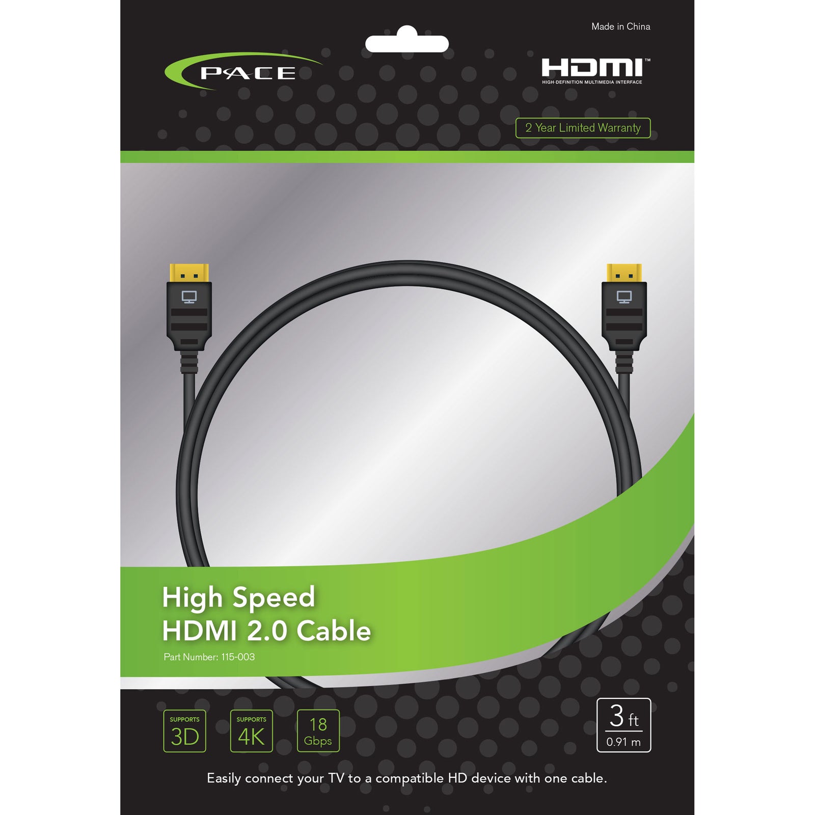 Pace International 115-003 High Speed & Cl3 Rated HDMI 3'