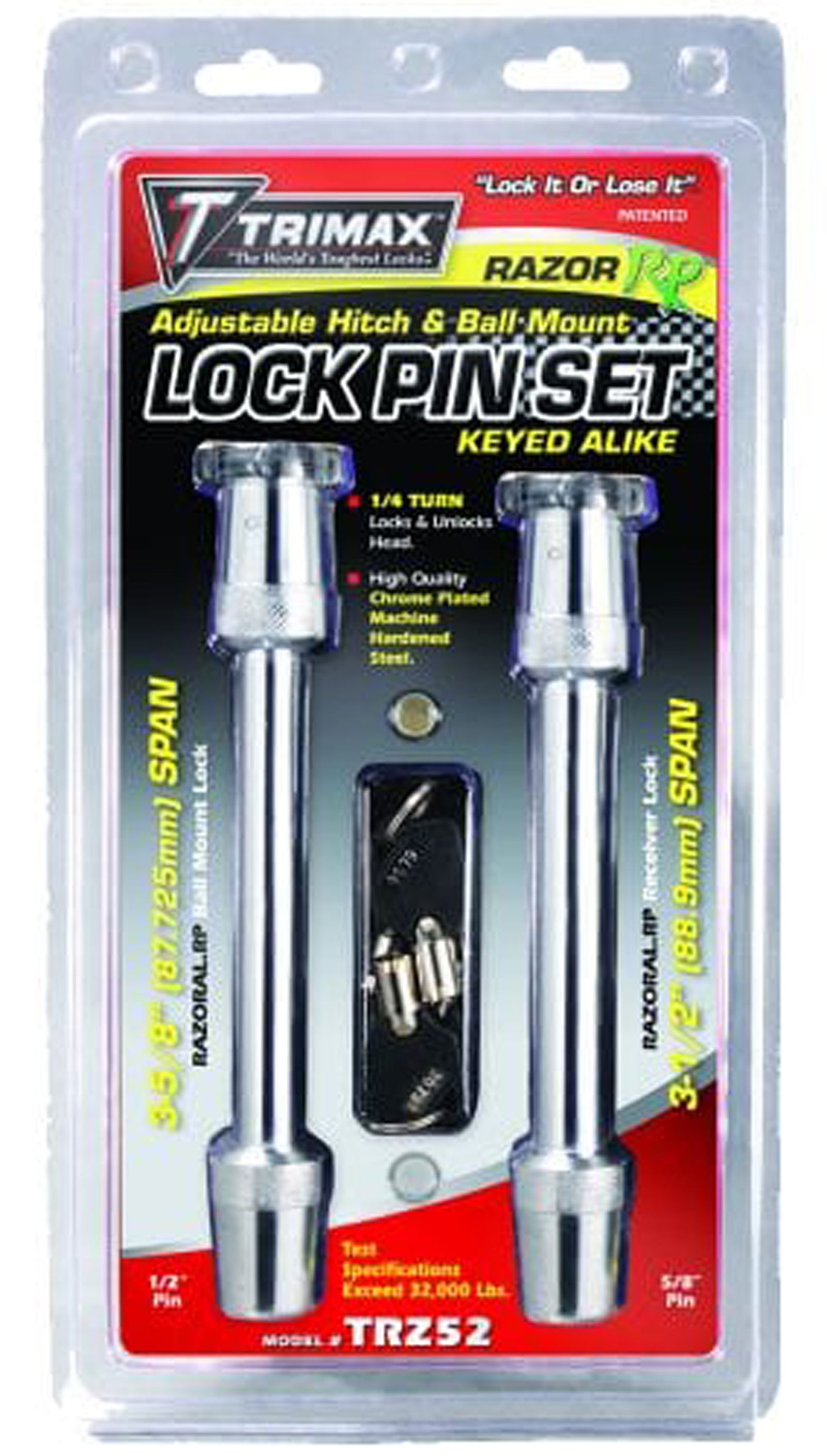 TRIMAX TRZ52 Razor Adjustable Hitch & Ball Mount Lock Pin Set - (1) 1/2" Pin x 3-5/8" Span & (1) 5/8" Pin x 3-1/2" Span
