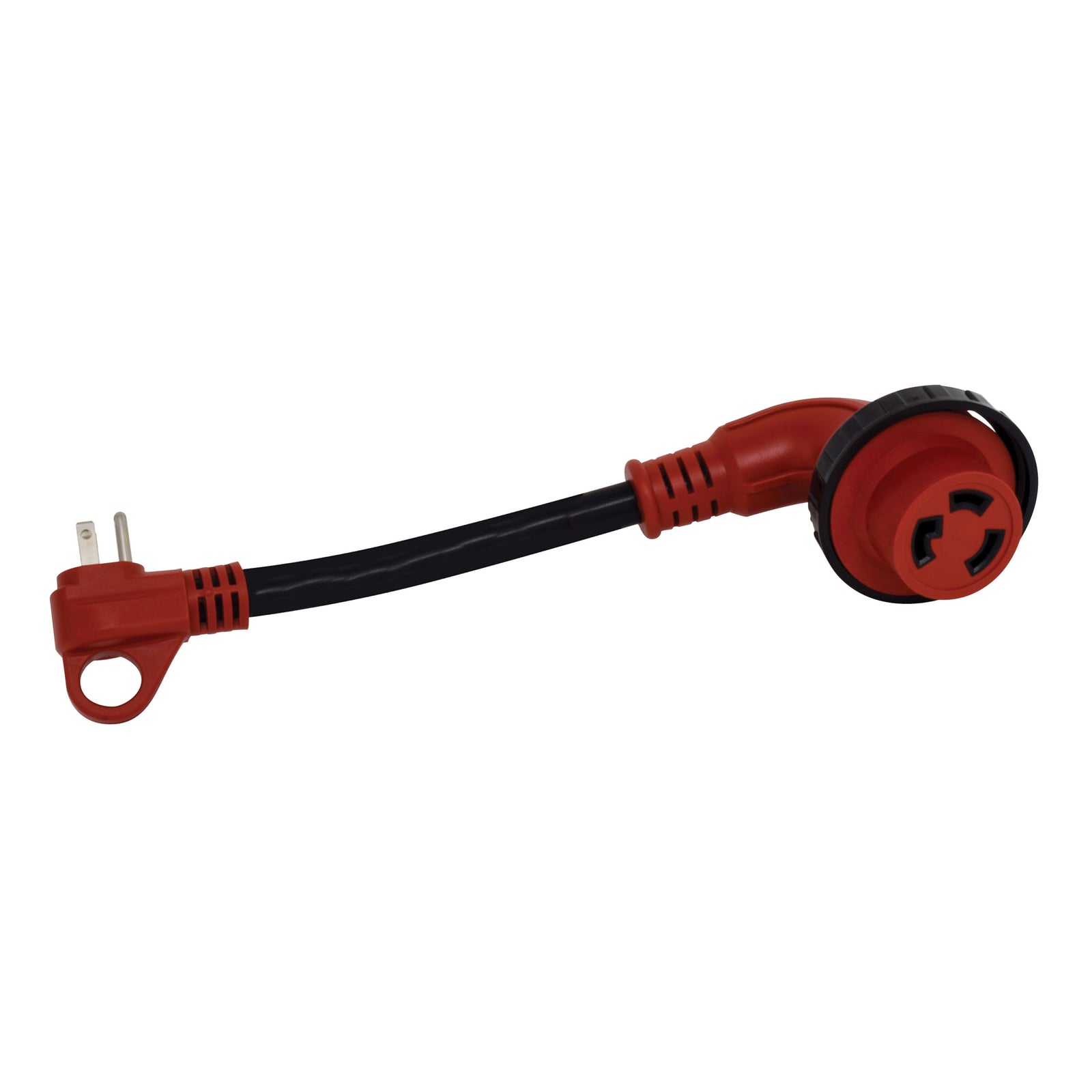 Valterra A10-1530D90VP Mighty Cord 90° Detachable 12" Locking LED Adapter Cord with Handle - 15AM to 30AF, Red (Carded)
