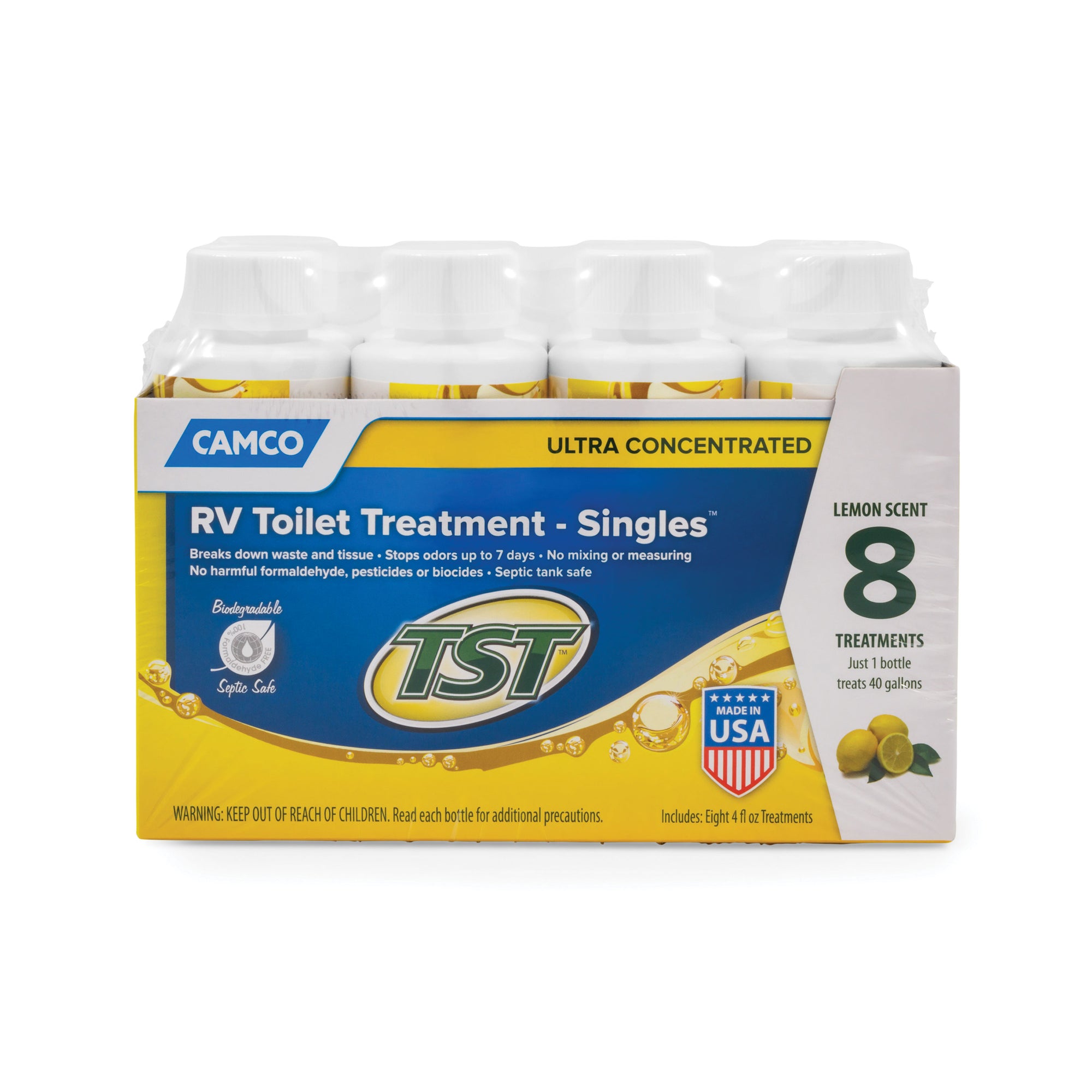 Camco 41571 Tst Ultra Concentrated Rv Toilet Treatment Singles - Lemon Scent, 8 X 4 Oz. Bottle