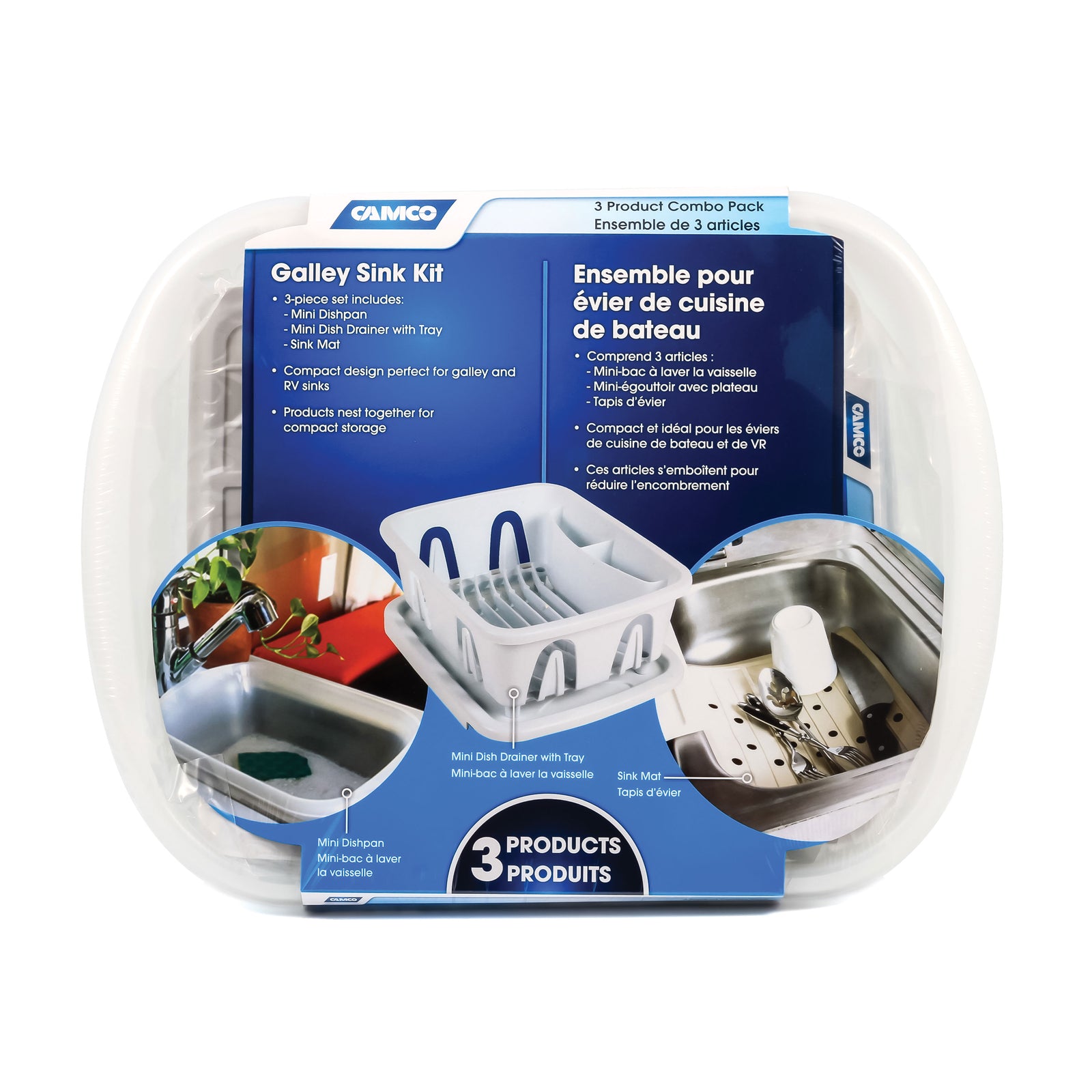 Camco 43517 Sink Kit with Dish Drainer, Dish Pan and Sink Mat - White